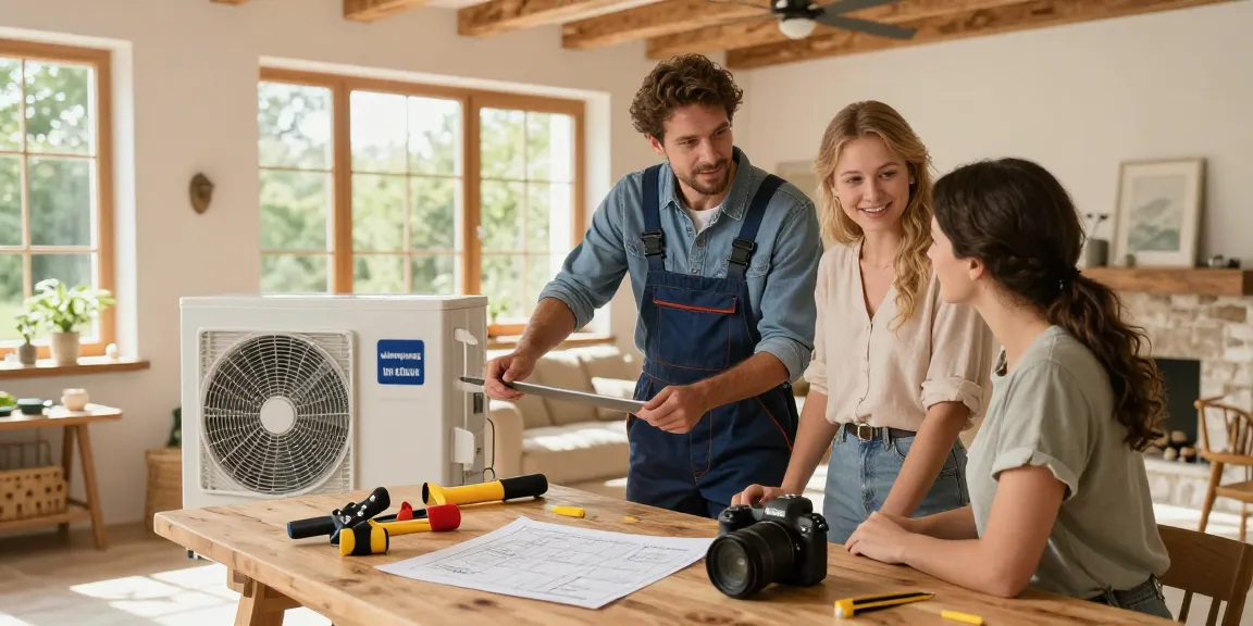 Couple consulting about wärmepumpe im altbau installation with contractor in a renovated home.