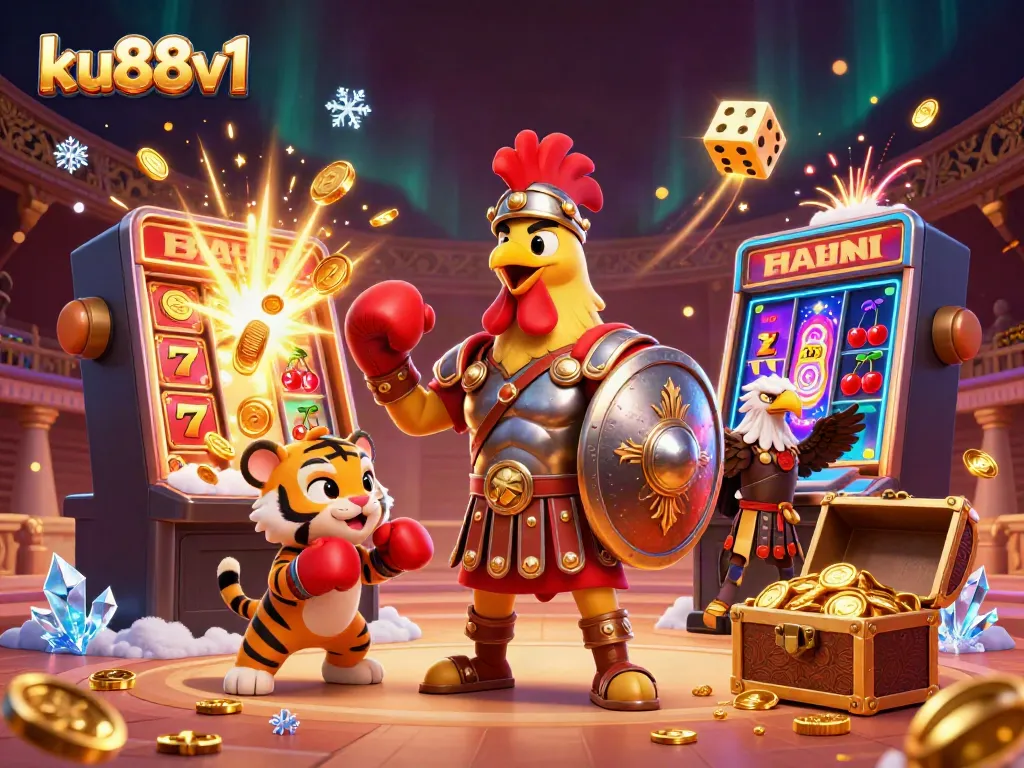 Experience thrilling jackpots with ku88v1's exciting 3D casino scene filled with action-packed gaming elements.