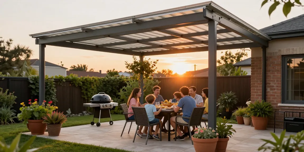 Gemütliche Terrasse mit Terrassenüberdachungen, Familie genießt Abendessen im Freien.