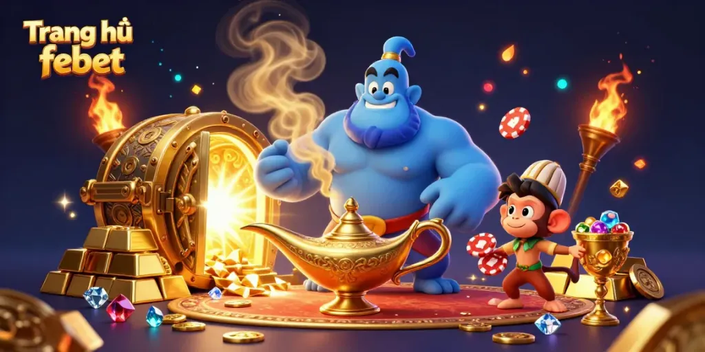 Experience the excitement of "Trang chủ febet" with a magical Genie, gold treasures, and vibrant casino elements.