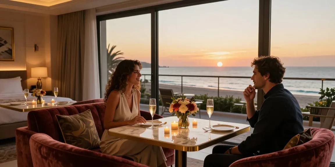 Antalya Eskort couple enjoying luxury hotel suite ambiance with ocean view.