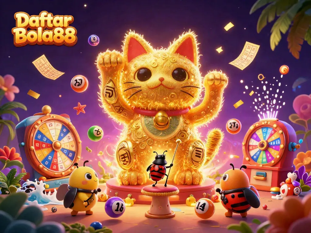 Experience luck at Daftar Bola88 with a whimsical lucky cat and dazzling casino symbols.