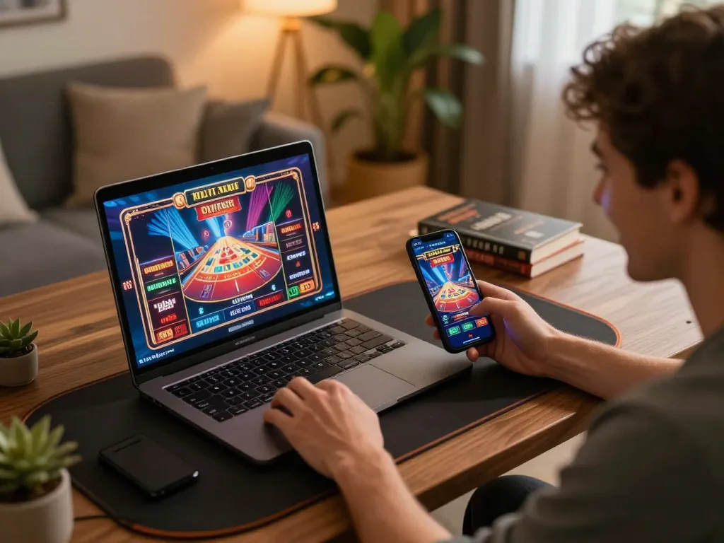 An active player enjoying the online gambling experience at trang chu 98win with laptop and smartphone in a cozy setup.