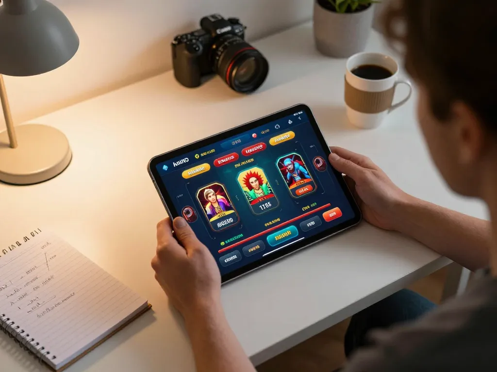 Experience an exciting online gaming session at 79 with a tablet display showing live casino games.