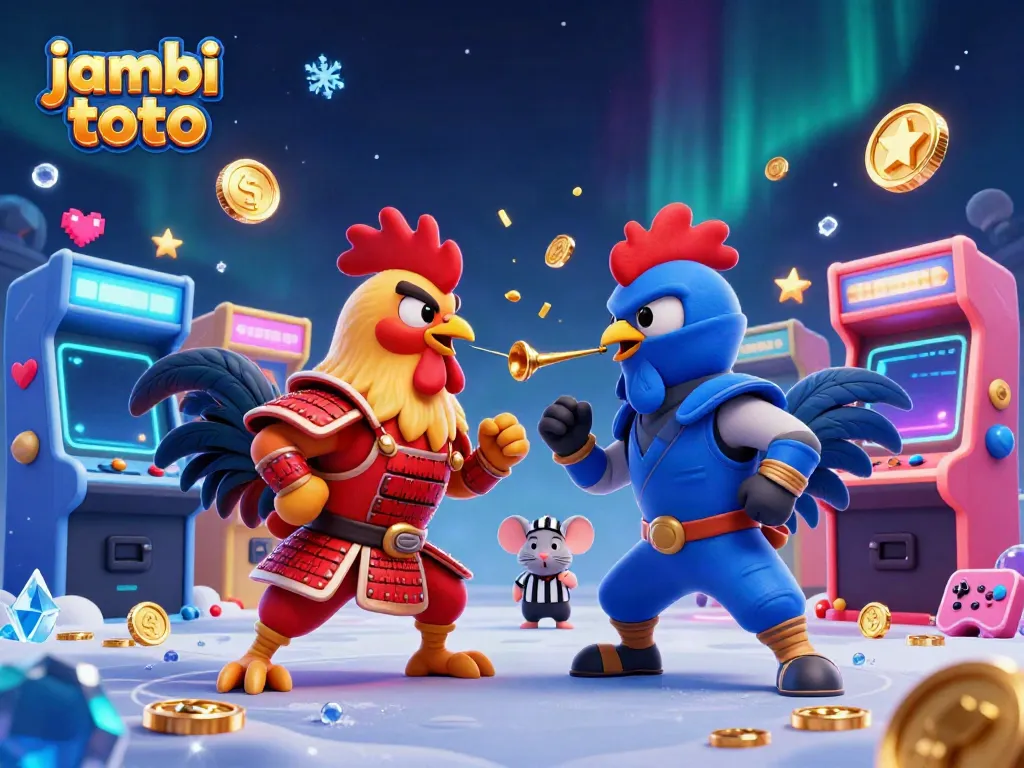Experience thrilling jambi toto action with roosters in battle mode, vibrant game elements exploding around.