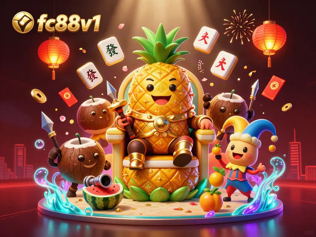 Experience the thrill of fc88v1 with a dynamic, vibrant casino scene featuring a golden pineapple king and festive elements.