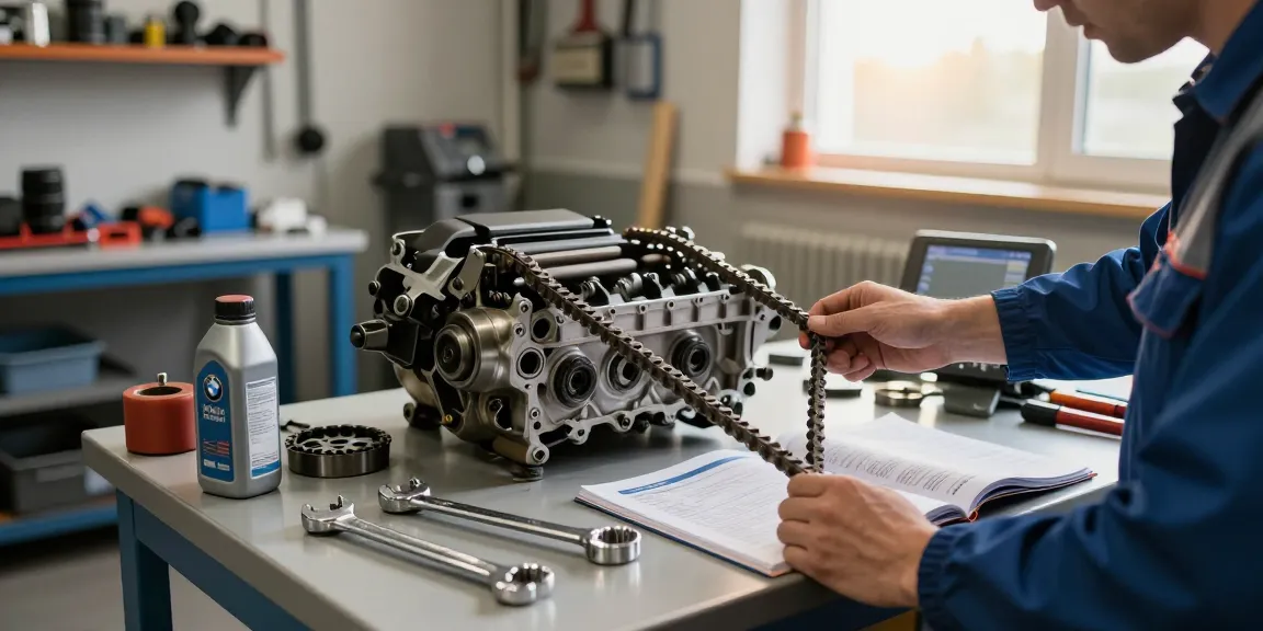 Mechaniker, der in einer gut ausgestatteten Kfz-Werkstatt BMW Steuerkette Wechseln Hannover durchführt, zeigt Präzisionswerkzeuge und eine neue Steuerkette.