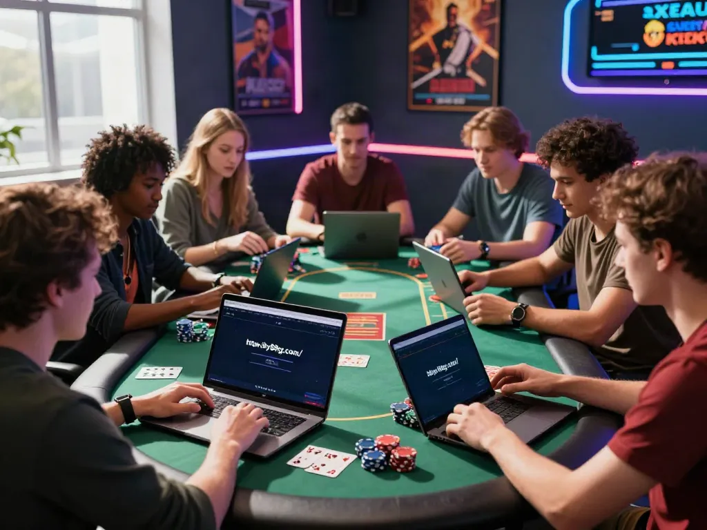 Exciting online gaming group discussing strategies on https://sky88tg.com/ with laptops and casino elements.