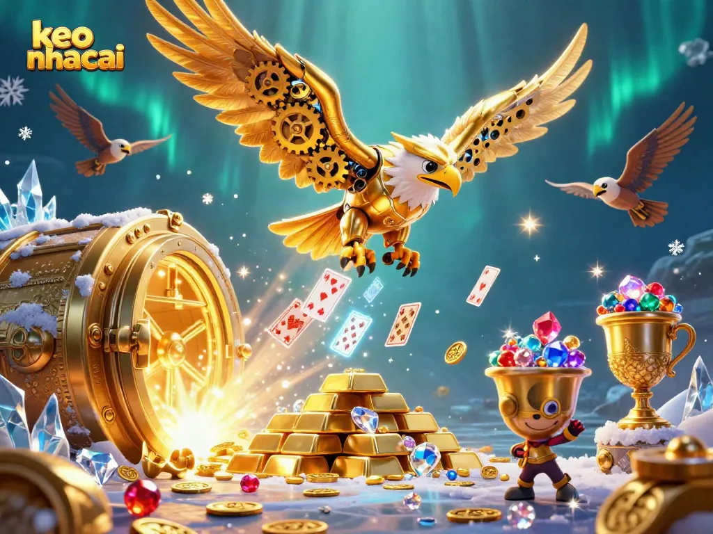 Experience keo nha cai excitement with a golden eagle soaring through a dazzling casino world.