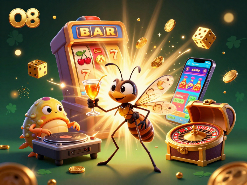 O8 casino scene featuring a playful mosquito mascot, dynamic gaming elements, and rich visuals.