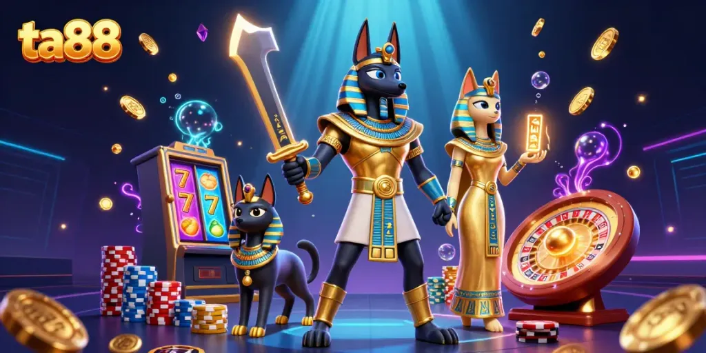 Experience ta88 with Anubis warrior and Bastet in a vibrant casino scene filled with gold and excitement.