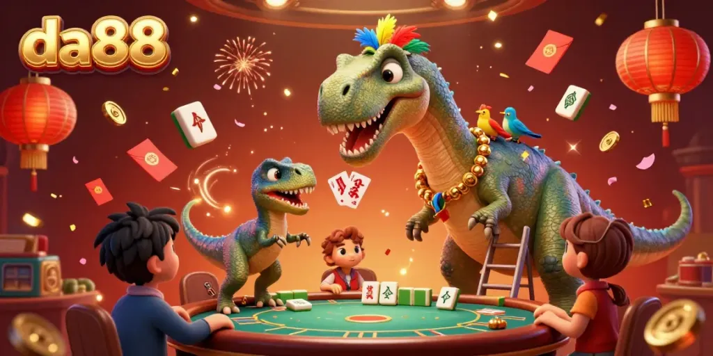 Experience thrilling gaming at da88 with a joyful brontosaurus and clever raptor in a vibrant casino.