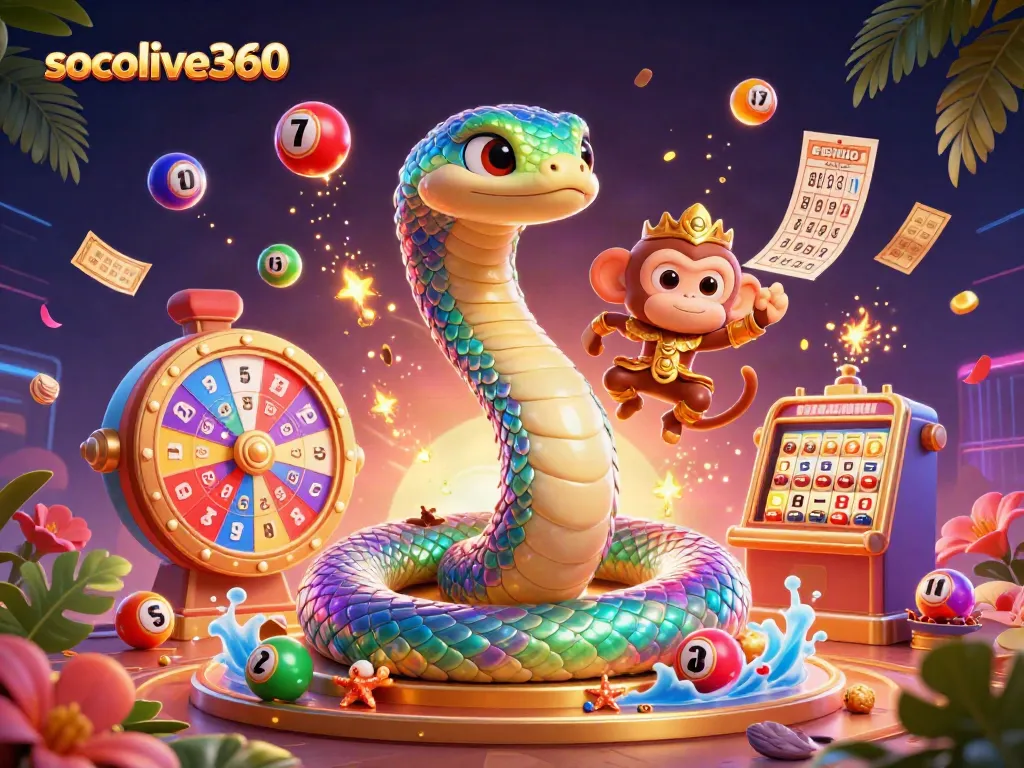 Catch the excitement of socolive360 with a vibrant scene featuring a rainbow serpent, monkey king, and colorful lottery elements.