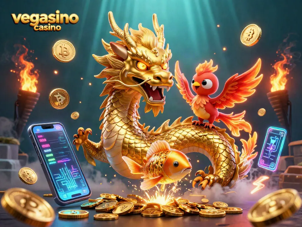 Engage with the vegasino casino experience featuring a powerful dragon, phoenix, and koi fish amidst iconic gambling elements.
