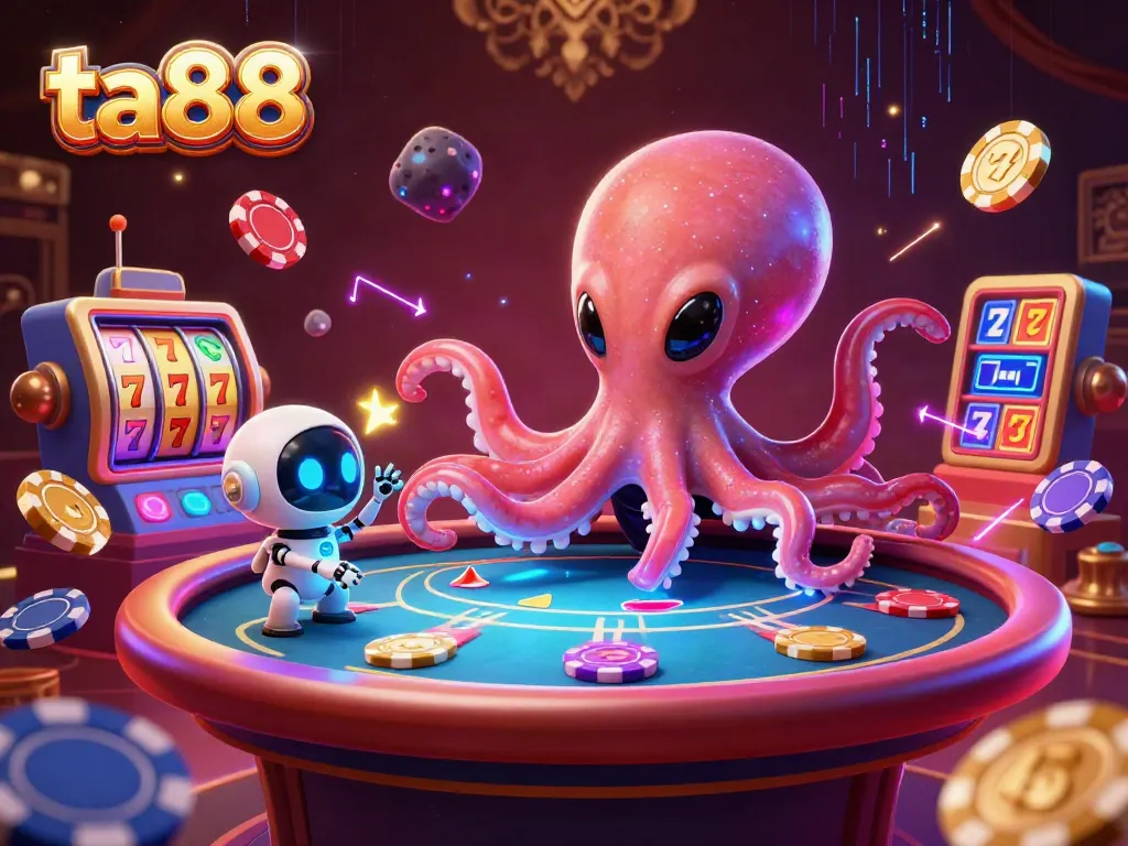 Experience thrilling gameplay with ta88 as an alien octopus operates a holographic poker table in a vibrant casino.