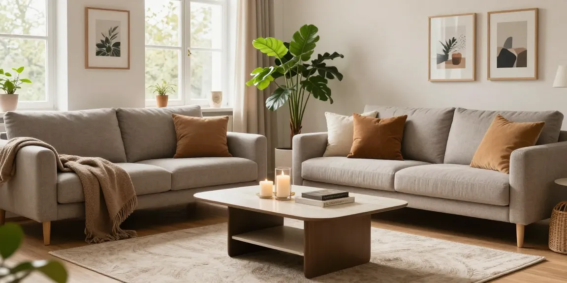 Stilvolles Wohnzimmer mit modernem Sofa und Dekorations-Elementen für Möbel mit Lieferung kaufen.