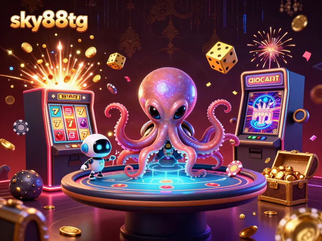 Experience thrilling gameplay at sky88tg with an alien octopus in a vibrant casino environment.