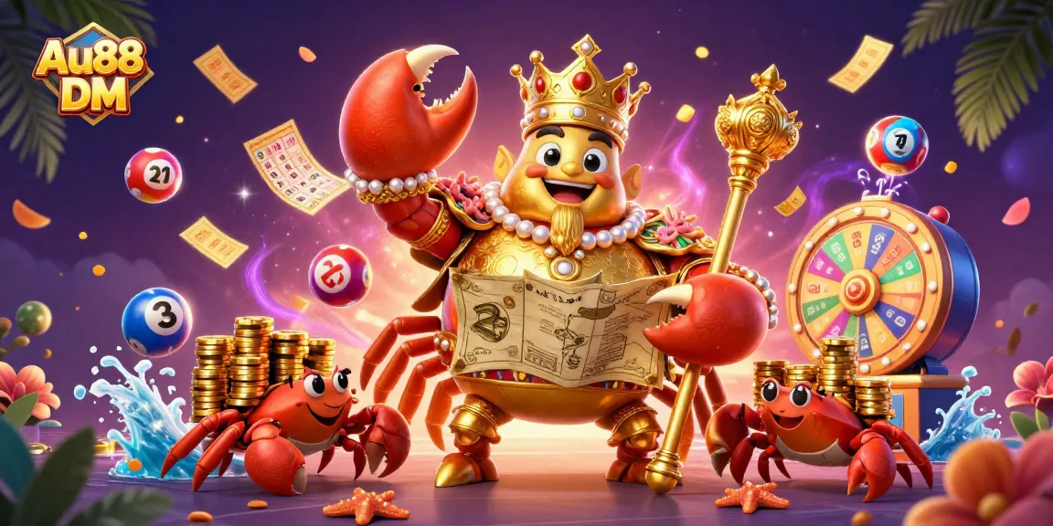 Engage in thrilling gameplay at Au88 DM with vibrant lottery elements and a golden crab emperor.