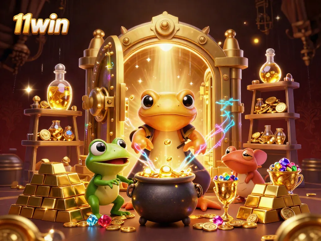 Experience the excitement of 11win with vibrant casino characters and gold treasures surrounding them.