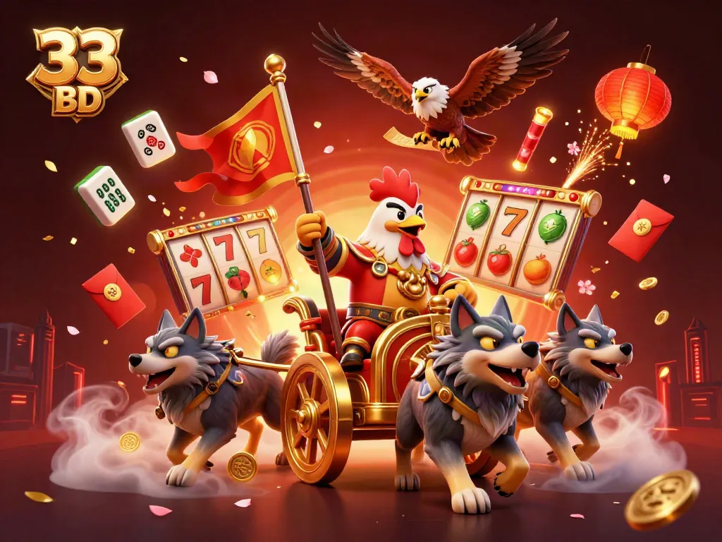 Engage in thrilling adventures at 33 BD with a vibrant 3D casino scene depicting a rooster warlord amidst animated slot reels and festive decor.
