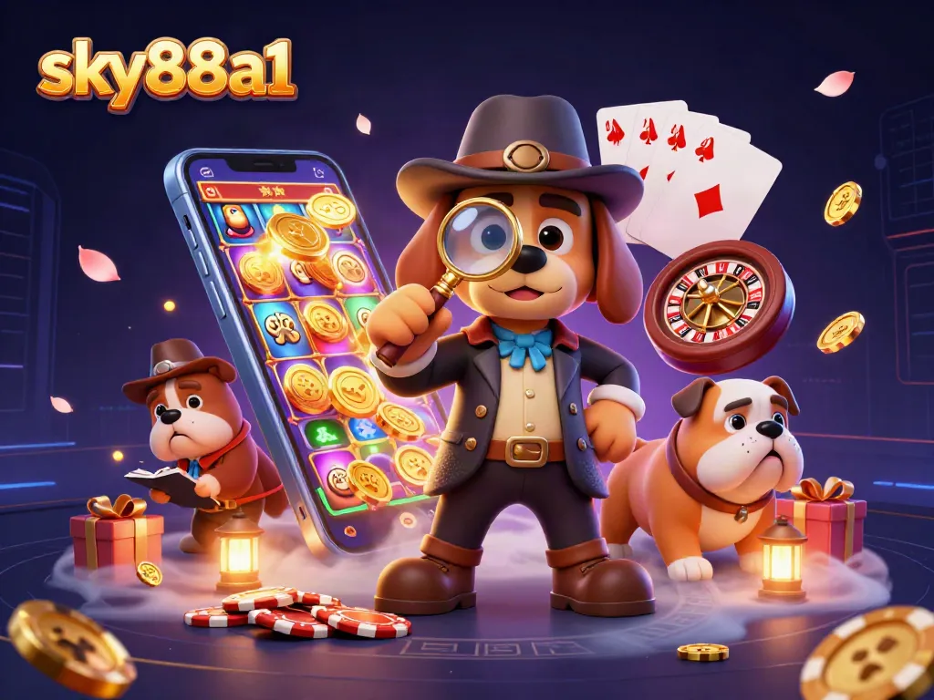 Engage in thrilling gaming at sky88a1 featuring dynamic slot games, poker chips, and detective action.