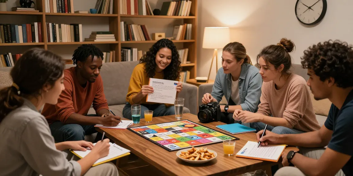 Group of friends enjoying Quiz Allgemeinwissen night in a cozy living room.
