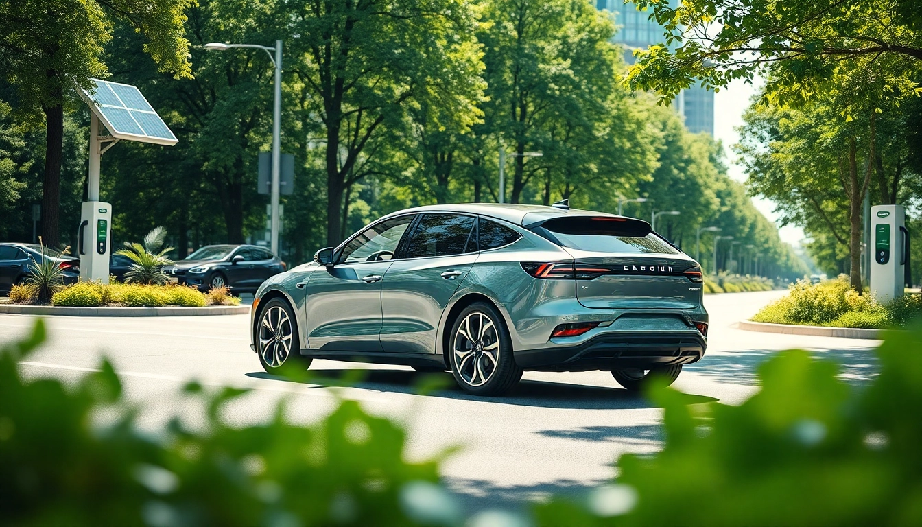 Elektroautos in urban environment with greenery and charging stations.