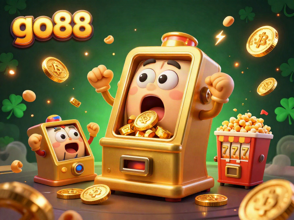 Join the excitement and play go88 as golden coins cascade from a jackpot-winning slot machine and cheering mini machines surround it.