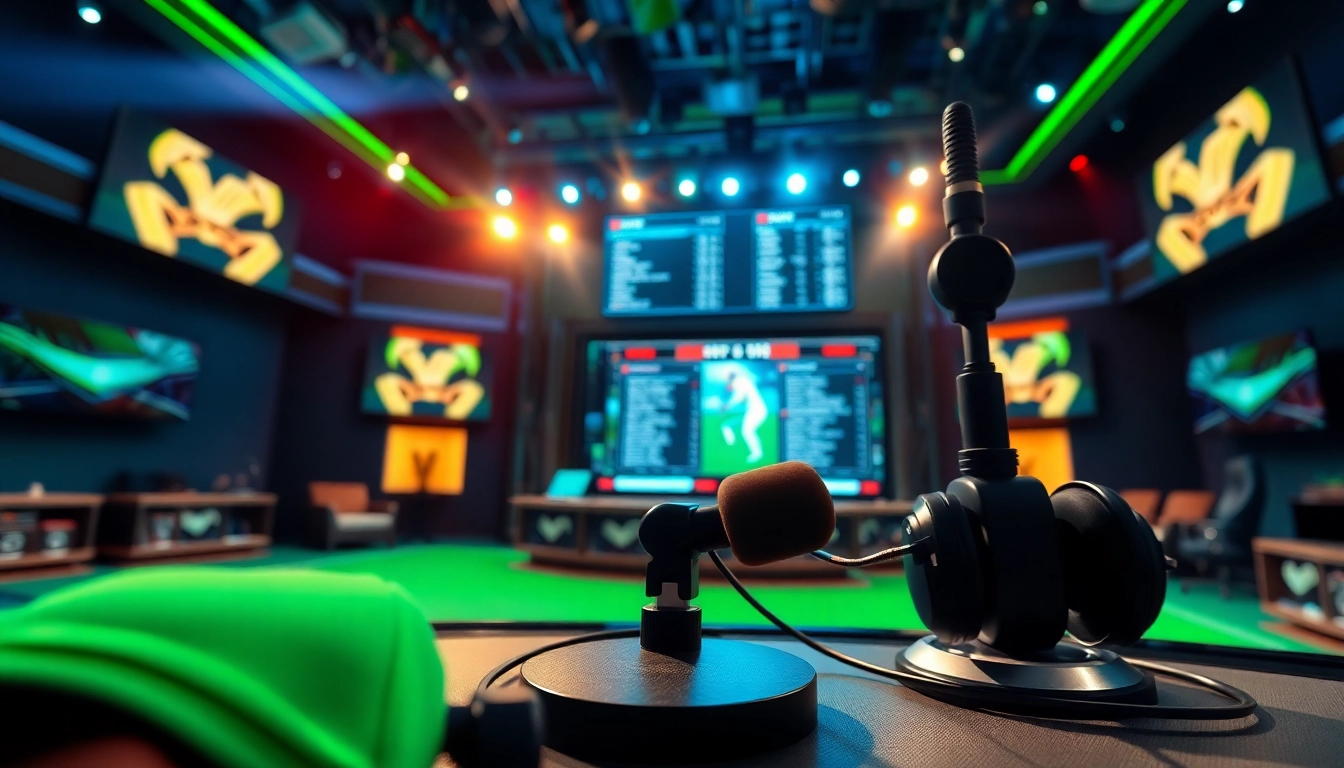 Engaging sports broadcasting scene showcasing hosts and live game details in a vibrant studio.