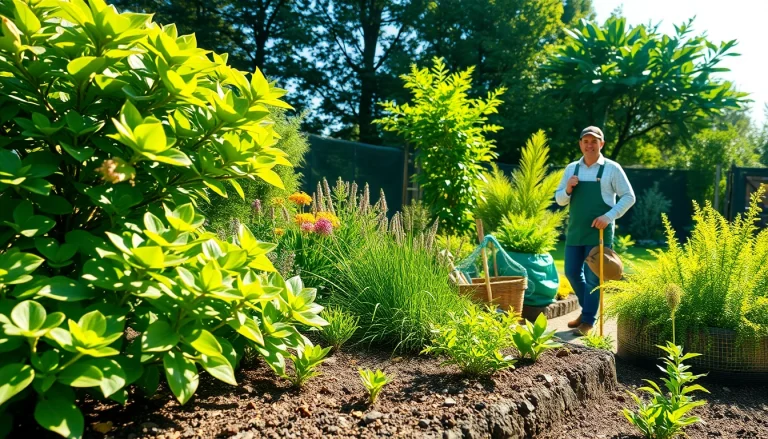 Gartenbaubetrieb arbeitet in einem blühenden Garten mit verschiedenen Pflanzen und örtlichen Gartengeräten.