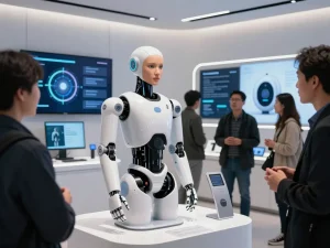 The innovative sex bot demonstrating lifelike interactions and AI features in a futuristic tech showroom.