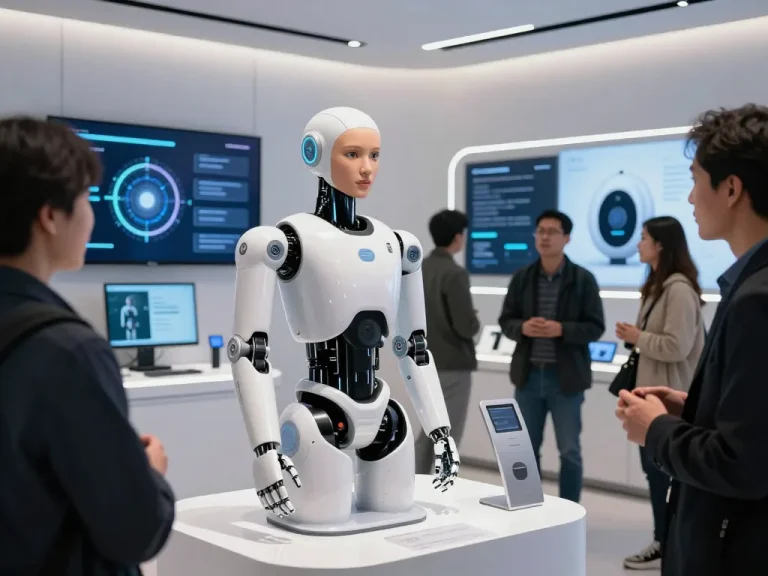 The innovative sex bot demonstrating lifelike interactions and AI features in a futuristic tech showroom.