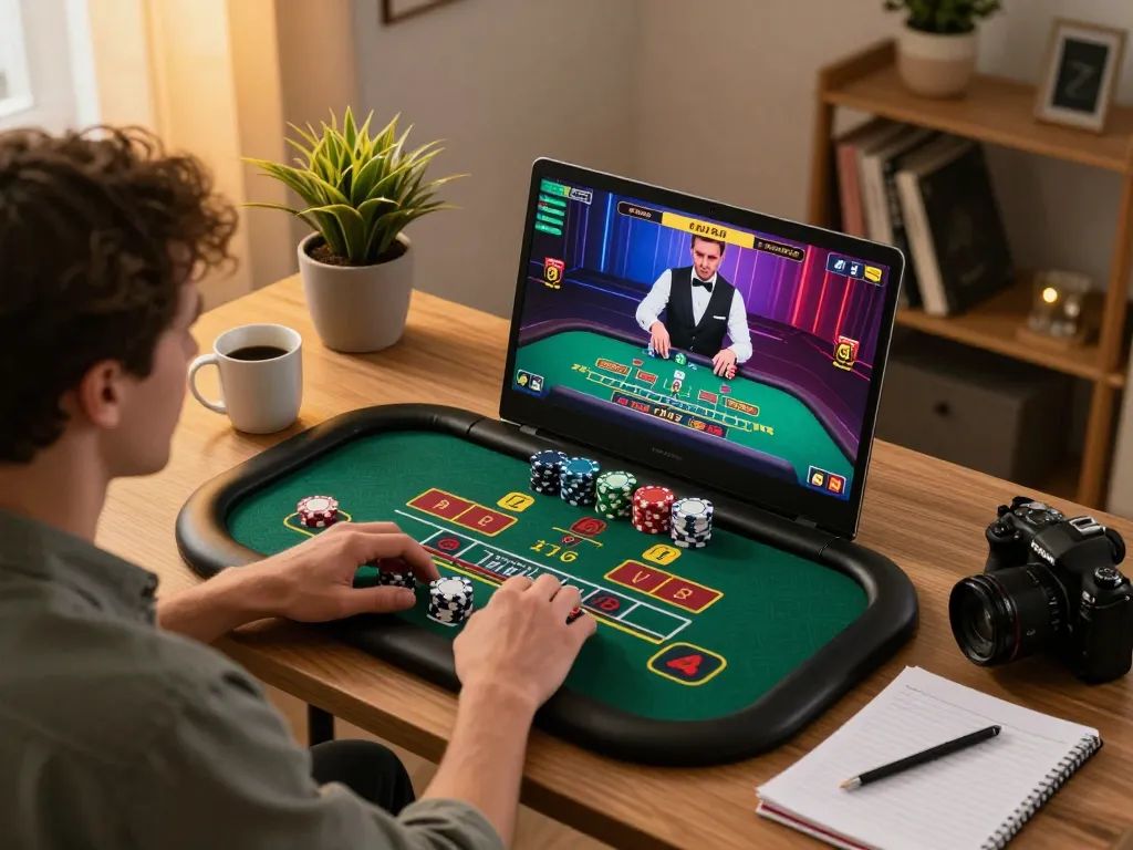 Engaging online baccarat session on 23Win, showcasing strategic gameplay in a cozy home setup.