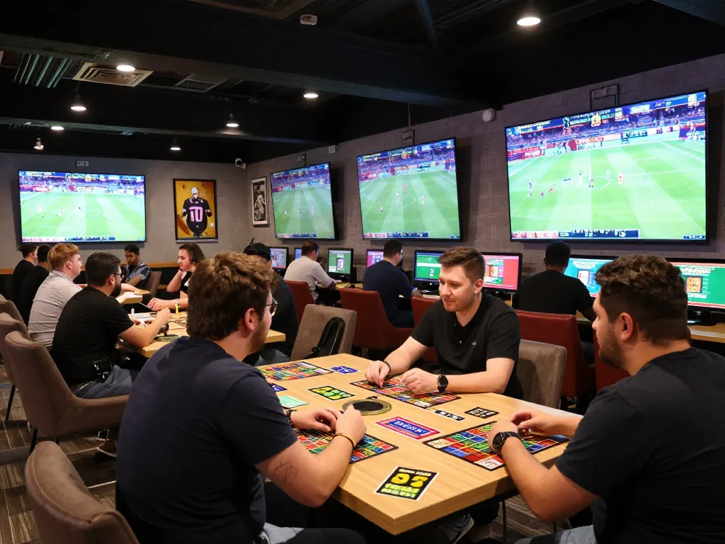 SBOBET88 penonton olahraga terlibat dalam diskusi strategis dengan layar olahraga langsung terlihat, suasana lounge taruhan yang hidup