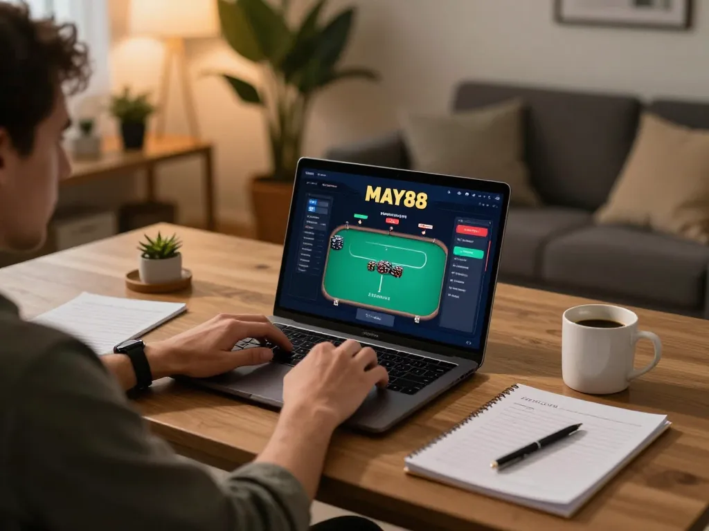 MAY88 player engaging in online poker game at home, showcasing modern gaming setup.