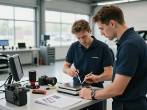 Experte KFZ Gutachter inspiziert ein Fahrzeug in einer modernen Garage mit detaillierten Werkzeugen und Diagnosetechnik.