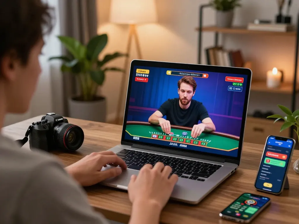 Soi keo nha cai with a player engaged in online blackjack betting at home, cozy workspace ambiance.