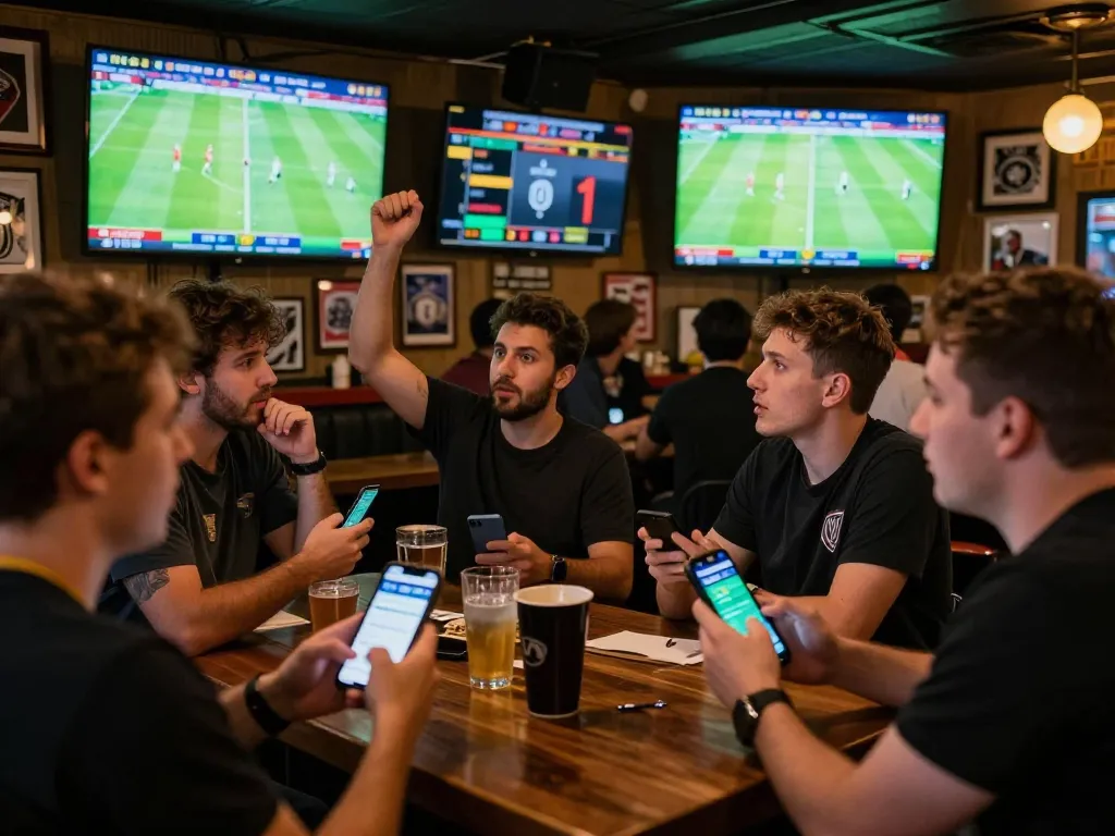 Enthusiastic bettors engaging with kèo nhà cái trực tiếp at a lively sports bar during football matches.