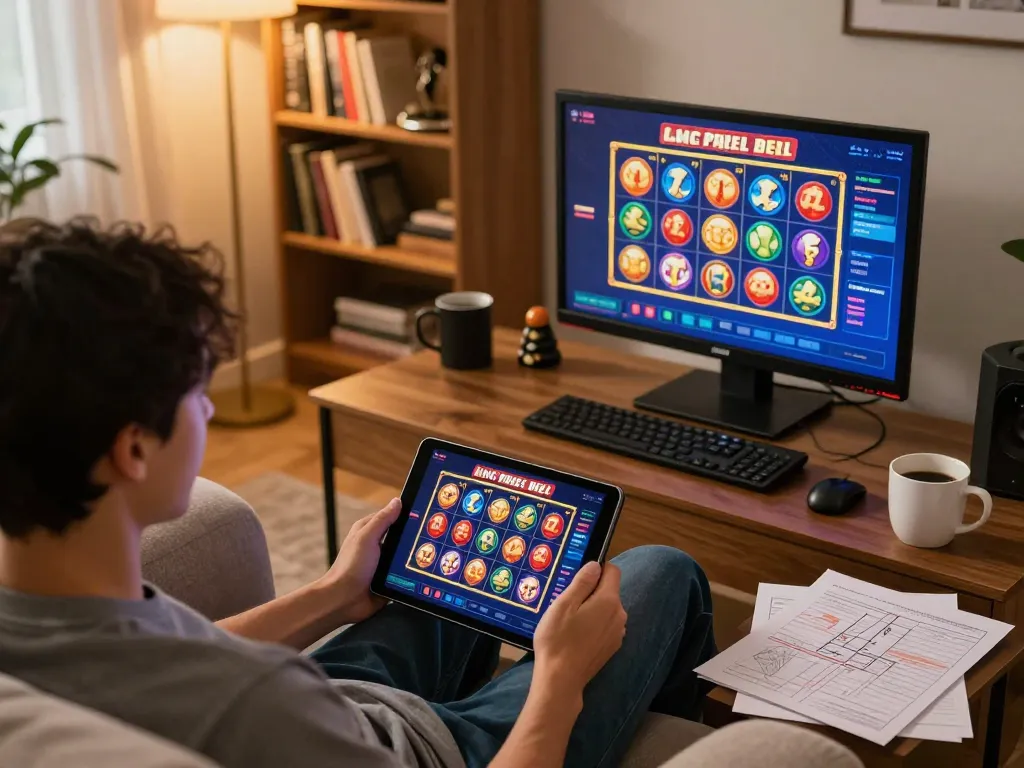 Player enjoying slots on ee88go tablet in cozy home environment with strategy notes