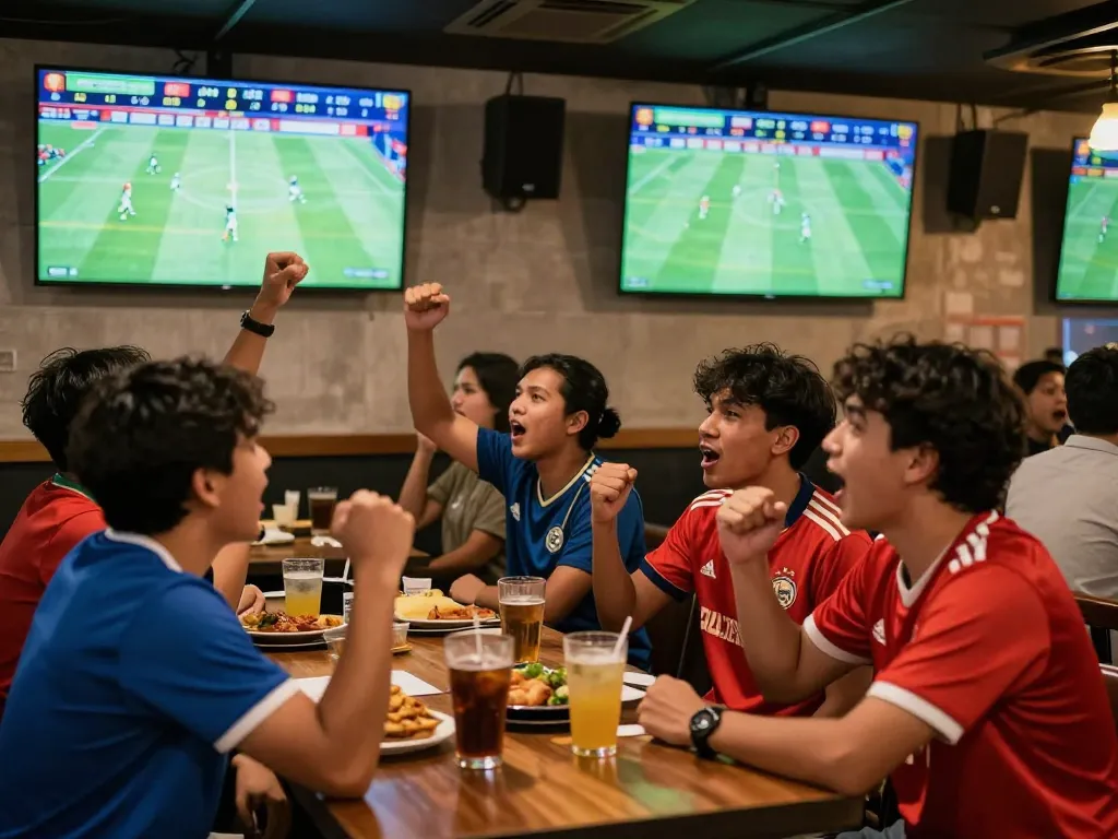 Excited fans engaging in Judi Bola betting at a vibrant sports bar, cheering for their teams.