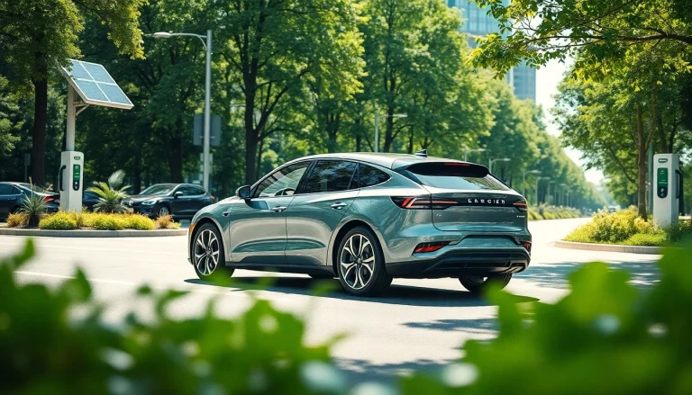 Elektroautos in urban environment with greenery and charging stations.