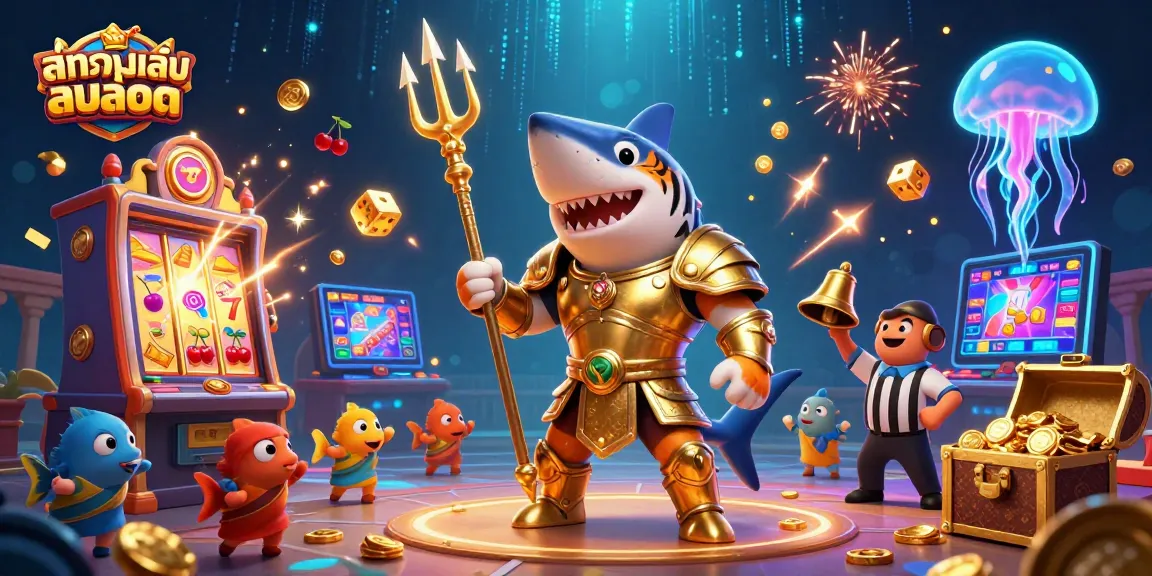 Play ทดลองเล่นสล็อต with an energetic scene of vibrant slots and a golden gladiator shark!