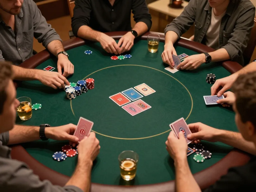 Players engaging in a strategic poker game at lc88 home setting with visible cards and chips.