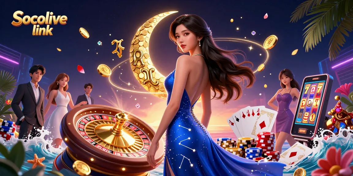 Socolive link showcases an exciting gambling scene with a glamorous Asian woman, dynamic casino elements, and vibrant visuals.