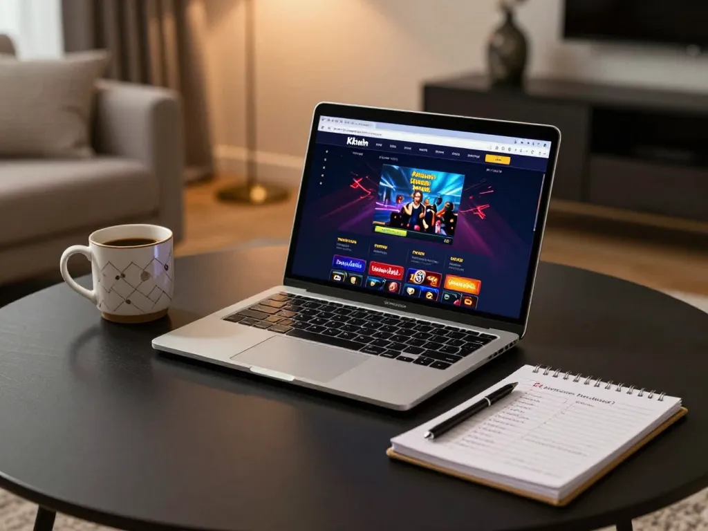 Kkwin casino gaming interface displayed on a laptop in a cozy home setting, with strategic notes on the table.