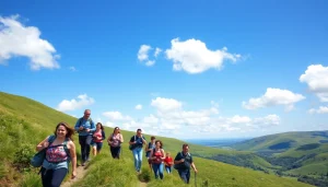 Wandern Irland Urlaub im Grünen mit fröhlichen Wanderern auf dem Weg.