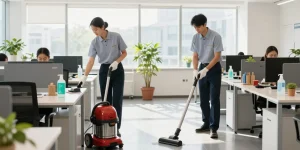 Professionelles Reinigungsteam führt Unterhaltsreinigung Solothurn in einem hellen Büroraum durch.