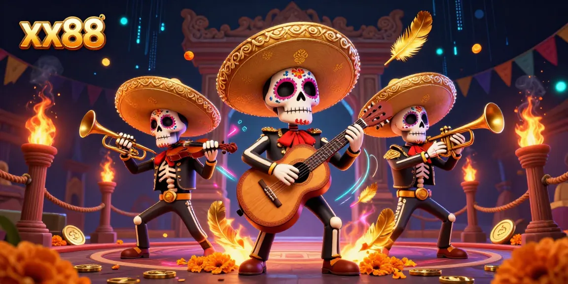 Experience thrilling gaming at xx88 with a vibrant mariachi band illustration rich in details and casino elements.