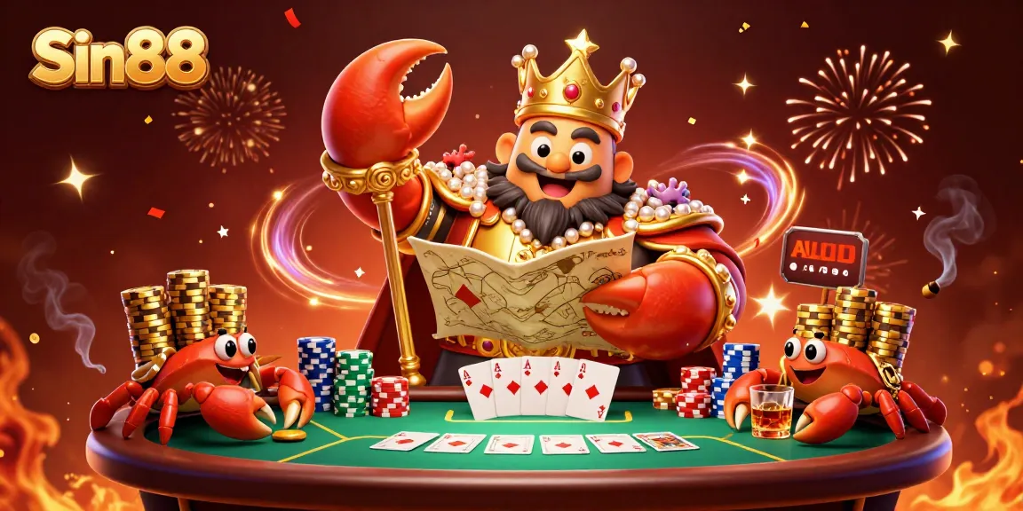 Experience thrilling wins at Sin88 with a lively scene of a golden crab emperor and poker action.
