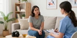 Patient im Gespräch über Fibromyalgie mit einem verständnisvollen Arzt in einer beruhigenden Therapieräume.
